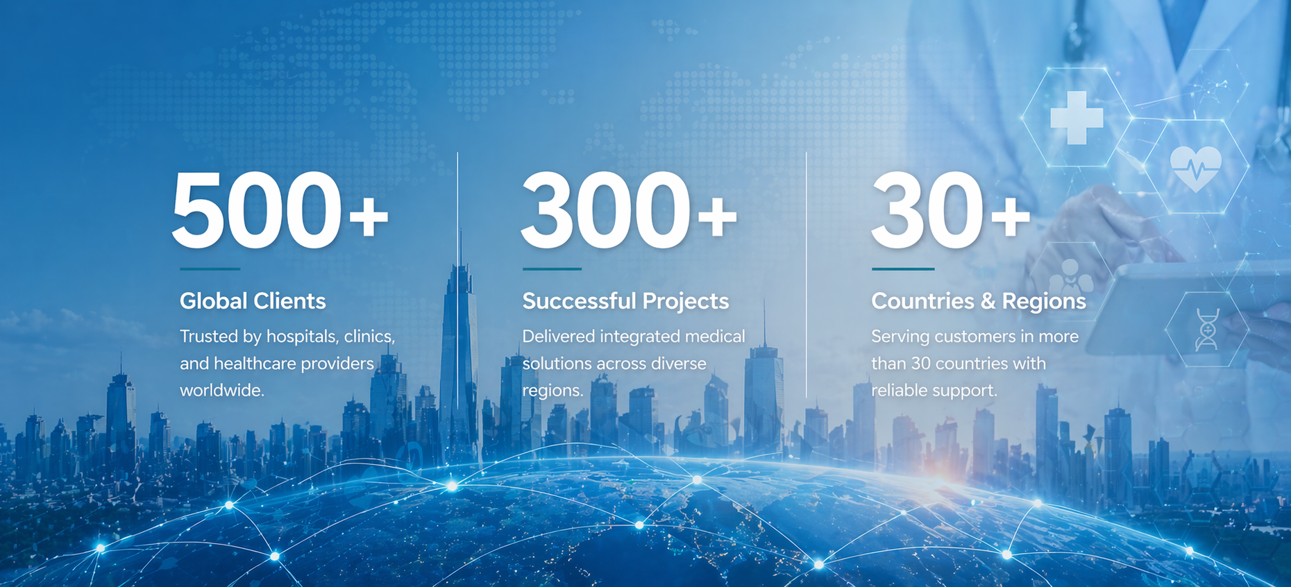 SMP performance statistics showing 500 plus clients, 300 plus projects, and 30 plus countries or regions